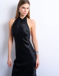 Model wearing High neck cowl maxi dress in black