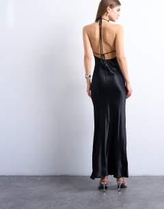 Model wearing High neck cowl maxi dress in black