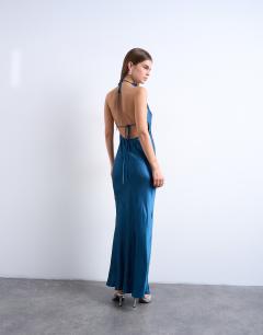 Model wearing High neck cowl maxi dress in petrol