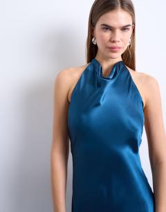 Model wearing High neck cowl maxi dress in petrol