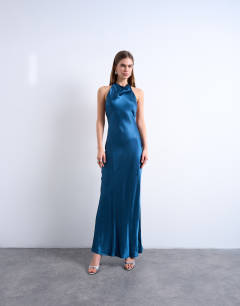 Model wearing High neck cowl maxi dress in petrol