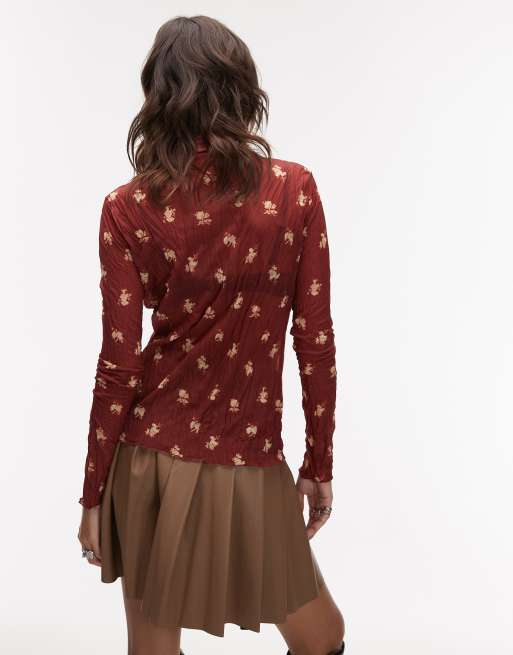Topshop high neck crinkle ditsy print long sleeve top in burgundy