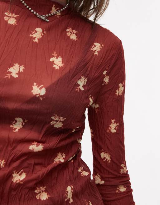 Topshop high neck crinkle ditsy print long sleeve top in burgundy