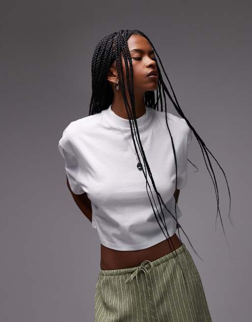 Topshop high neck cropped short sleeve tee in white