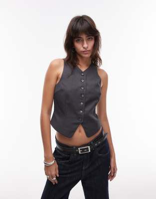 Topshop Topshop high neck cropped waistcoat in charcoal-Grey