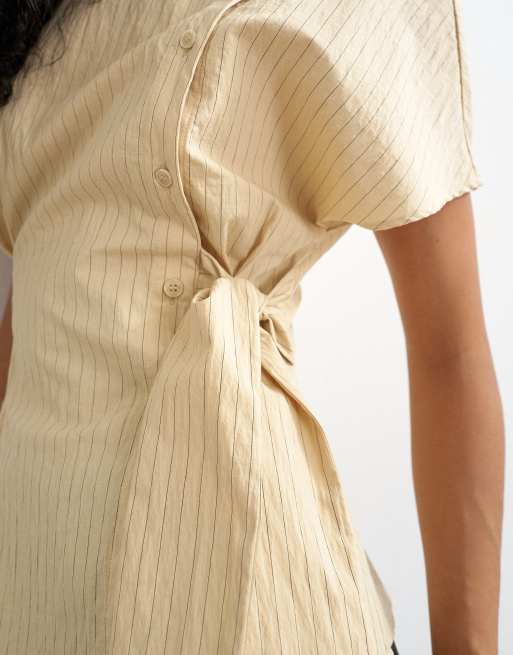 Topshop high neck curved placket shirt in taupe stripe, 2 of 4