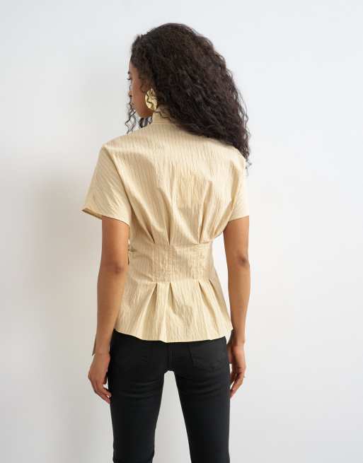 Topshop high neck curved placket shirt in taupe stripe, 3 of 4
