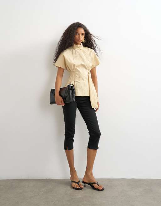 Topshop high neck curved placket shirt in taupe stripe, 4 of 4