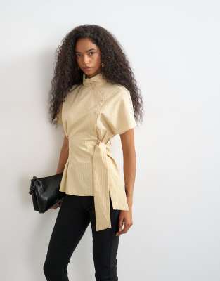 Topshop High Neck Curved Placket Shirt In Neutral