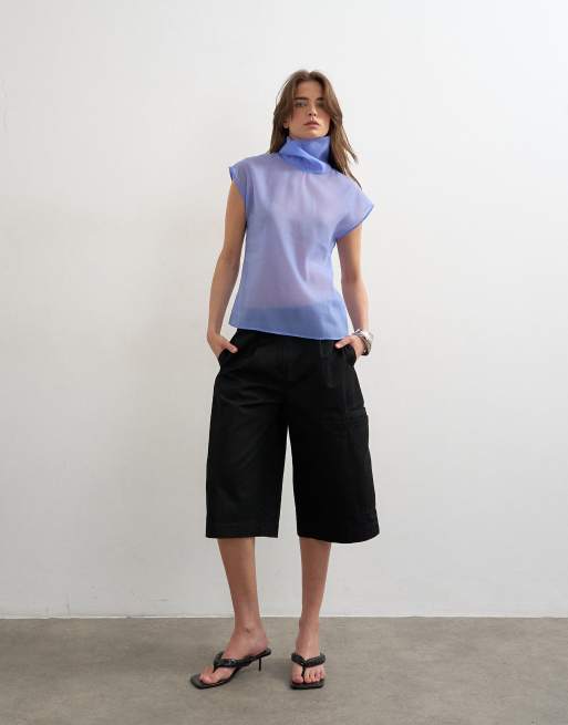 Topshop high neck grown on shoulder sheer organza top in