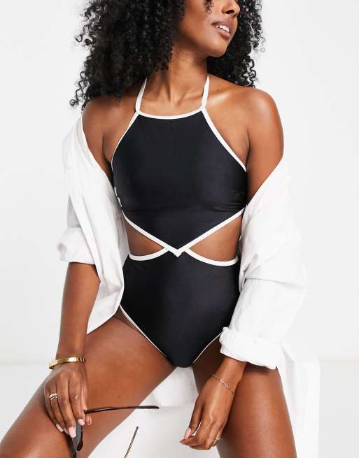 Topshop high neck halter swimsuit with mono trim in black