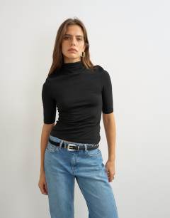 Model wearing High neck jersey half sleeve t-shirt in black