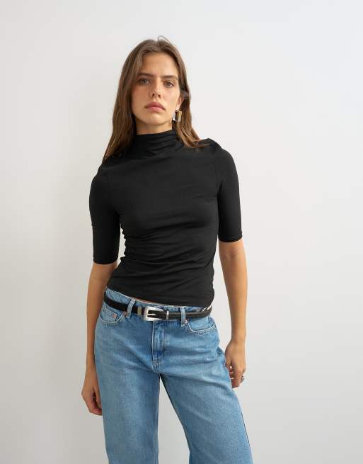 Topshop high neck jersey half sleeve t-shirt in black, 2 of 4