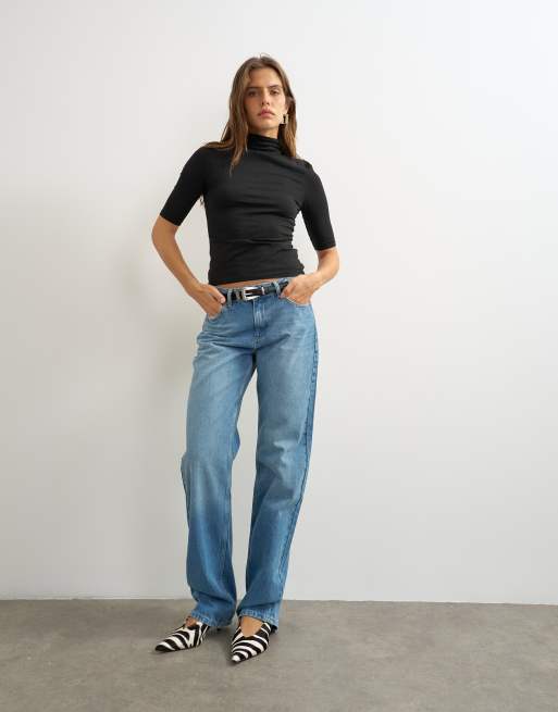 Topshop high neck jersey half sleeve t-shirt in black, 3 of 4
