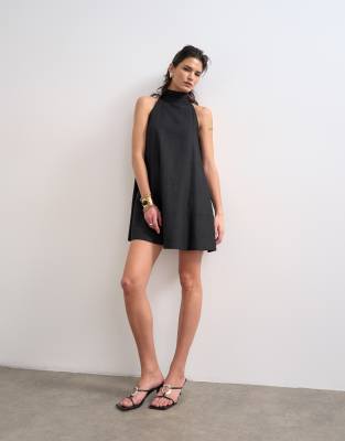 Topshop High Neck Linen Mix Trapeze Dress In Black