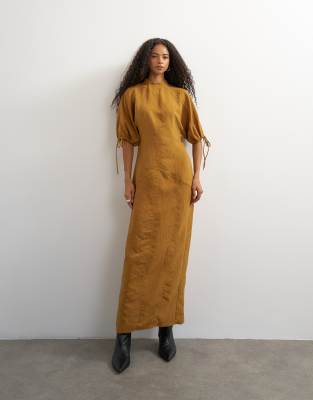 Topshop High Neck Maxi Dress With Puff Toggle Sleeve In Brown