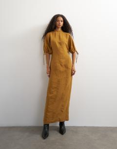 High neck maxi dress with puff toggle sleeve in brown woven stripe