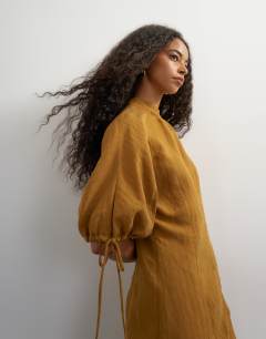 Model wearing High neck maxi dress with puff toggle sleeve in brown woven stripe