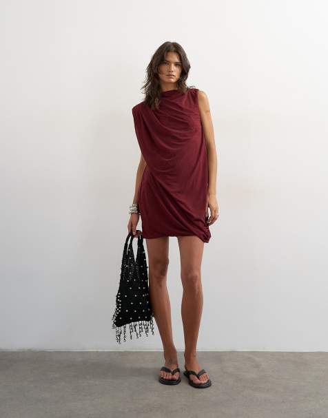 Topshop high neck mesh draped mini dress in burgundy - view 1