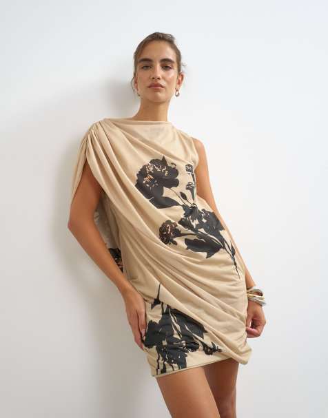 Topshop high neck mesh floral print draped mini dress in beige - view 1