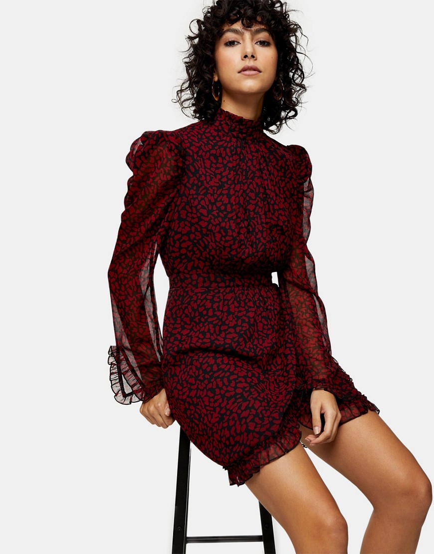 Topshop high neck mini dress in red animal print
