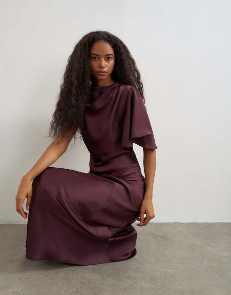 Topshop high neck one shoulder flutter sleeve maxi dress in plum - view 1