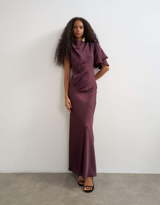 Topshop high neck one shoulder flutter sleeve maxi dress in plum | ASOS