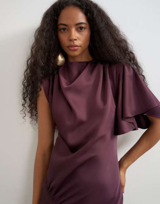 Topshop high neck one shoulder flutter sleeve maxi dress in plum | ASOS