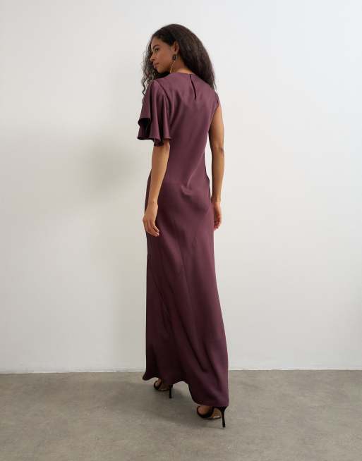 Topshop high neck one shoulder flutter sleeve maxi dress in plum | ASOS