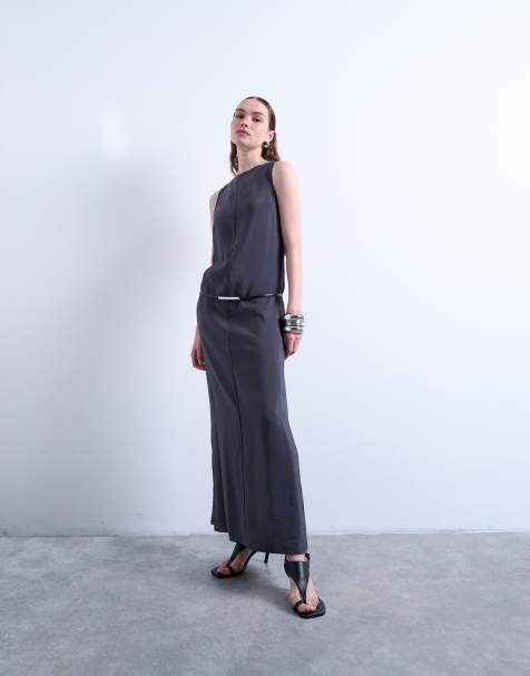 Topshop high neck open back chuck on cupro midi dress in charcoal - view 1