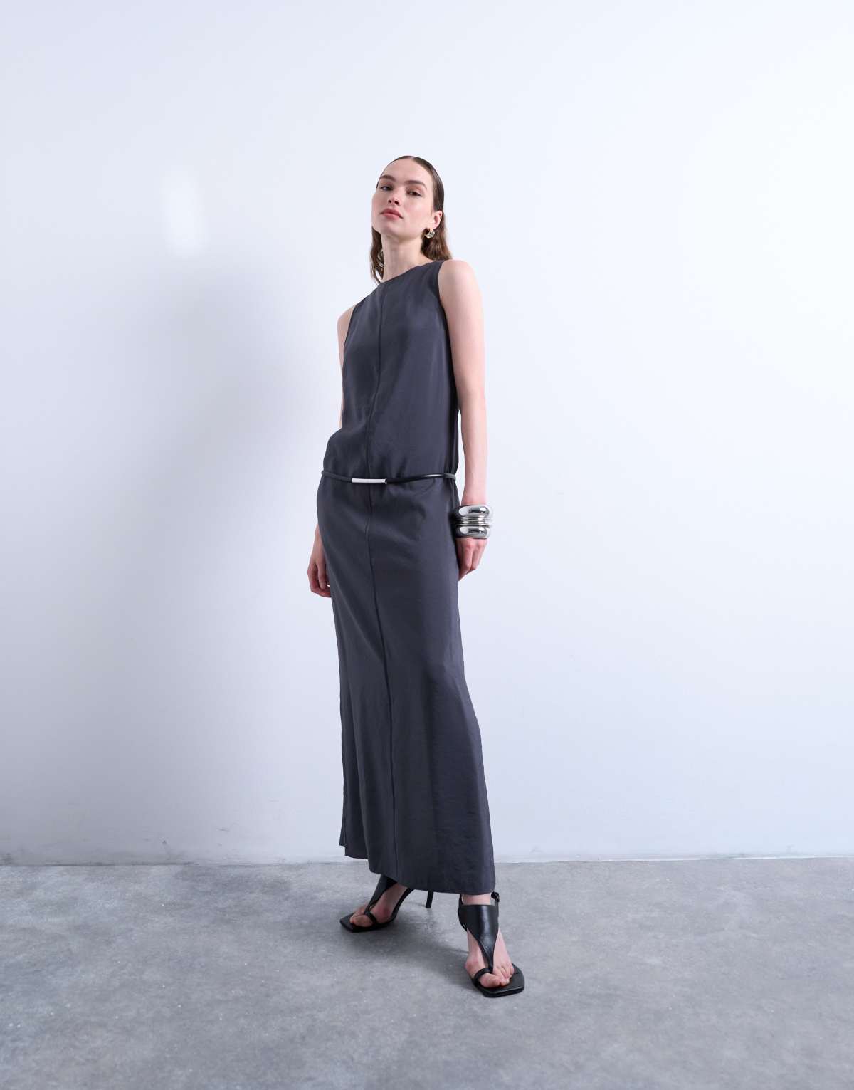 Topshop high neck open back chuck on cupro midi dress in charcoal