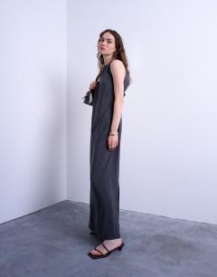 High neck open back chuck on cupro midi dress in charcoal