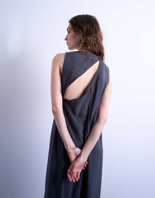 Topshop high neck open back chuck on cupro midi dress in charcoal, 2 of 4
