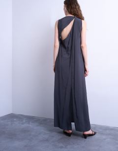 Model wearing High neck open back chuck on cupro midi dress in charcoal