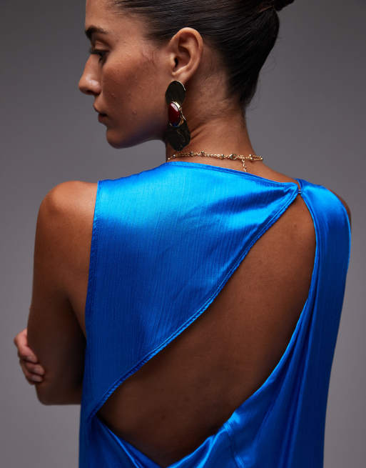 Topshop high neck open back chuck on satin dress in blue, 2 of 4