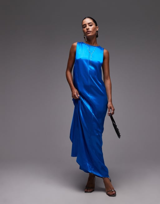 Topshop high neck open back chuck on satin dress in blue, 3 of 4