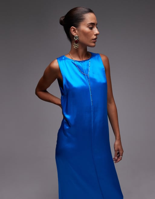 Topshop high neck open back chuck on satin dress in blue, 4 of 4