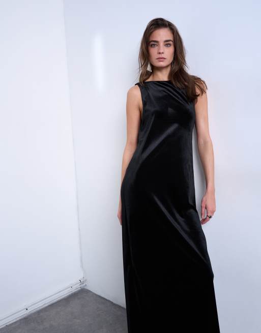 Topshop high neck open back chuck on velvet maxi dress in black, 2 of 4