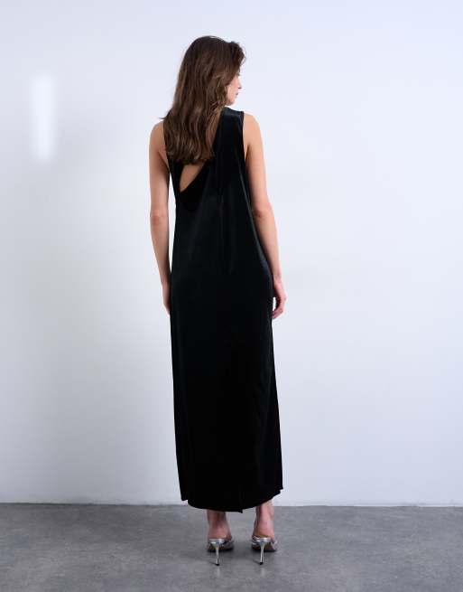 Topshop high neck open back chuck on velvet maxi dress in black, 3 of 4