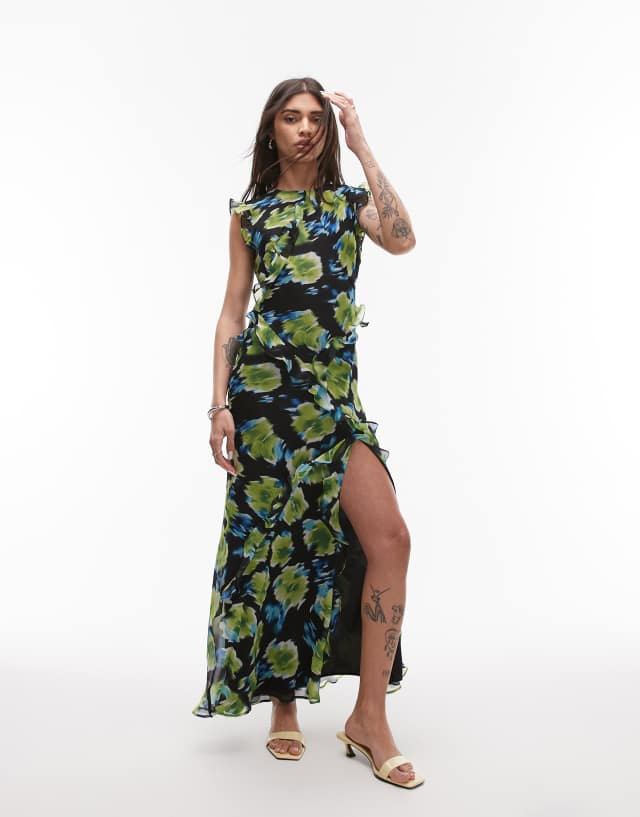 Topshop high neck open back frill maxi dress in blurred blue floral