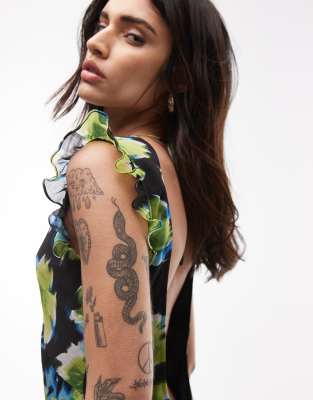 Topshop High Neck Open Back Frill Maxi Dress In Multi