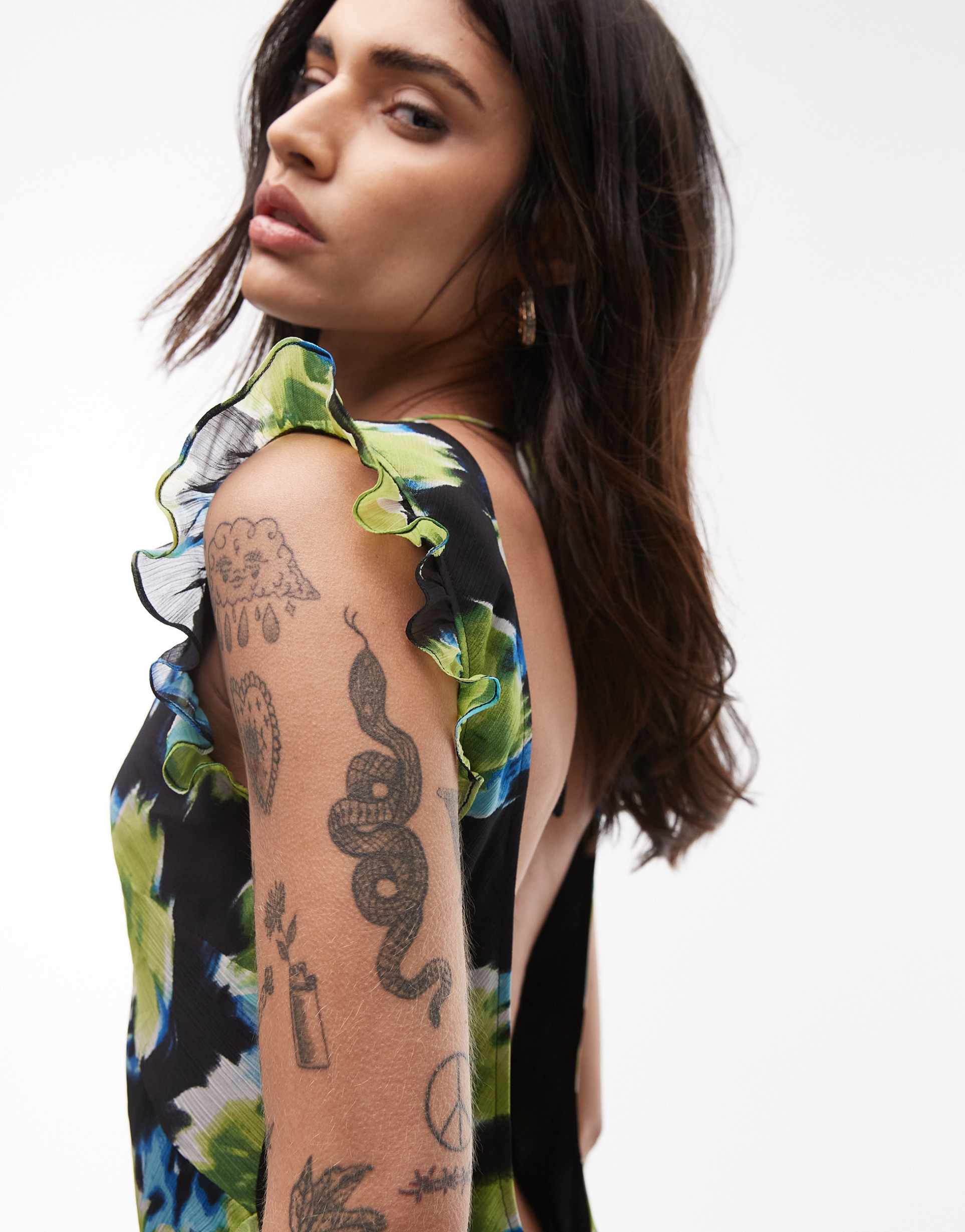 topshop high neck open back frill maxi dress in blurred blue floral