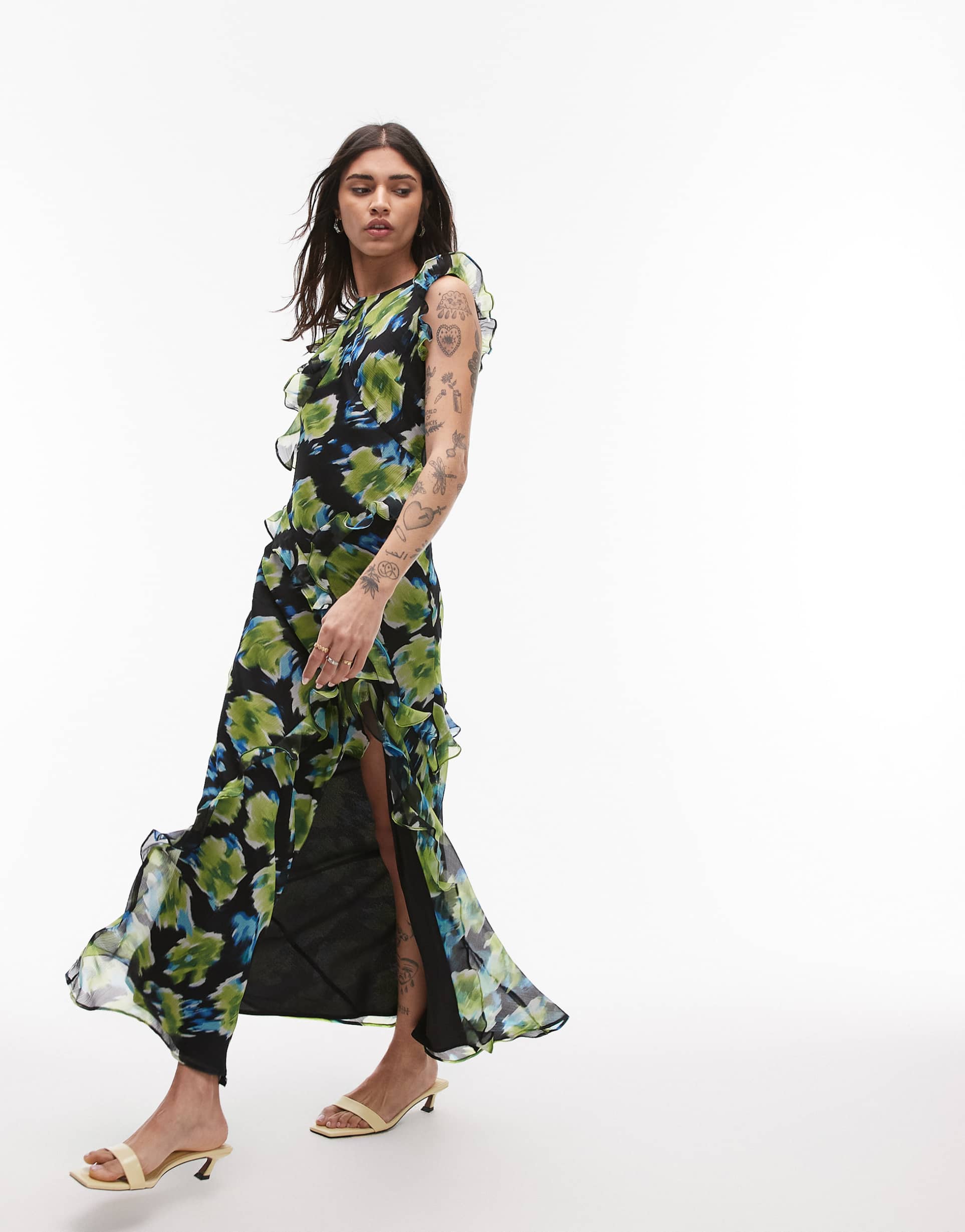 topshop high neck open back frill maxi dress in blurred blue floral