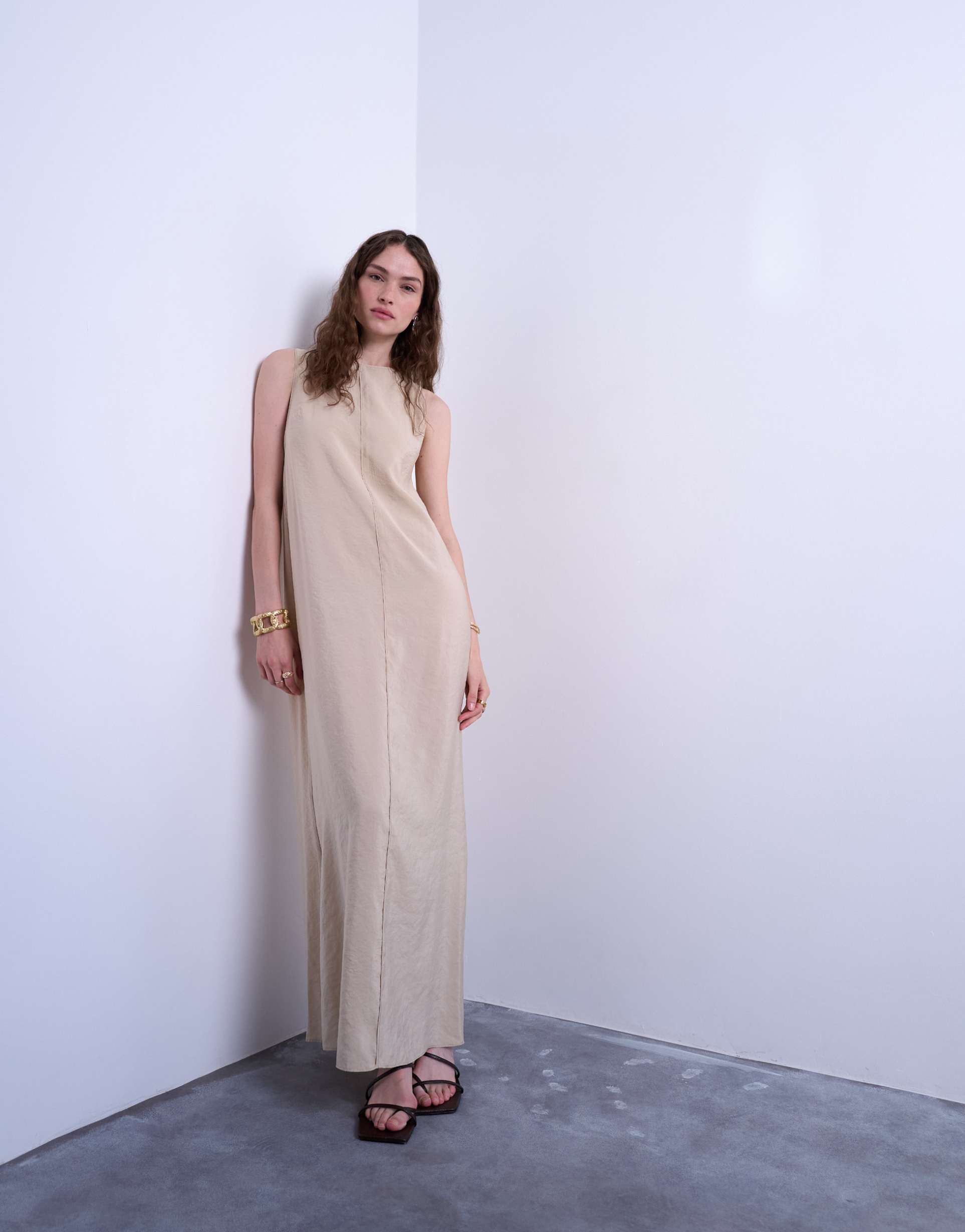 topshop high neck open back throw-on cupro midi dress in buttermilk