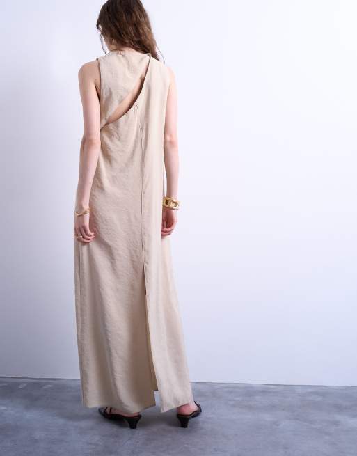 Topshop high neck open back throw-on cupro midi dress in buttermilk, 2 of 4