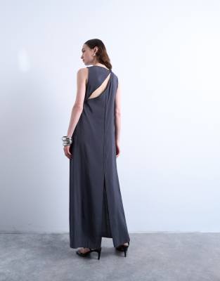 Topshop High Neck Open Back Throw-on Cupro Midi Dress In Gray