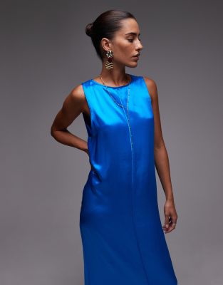 Topshop high neck open back chuck on satin dress in blue