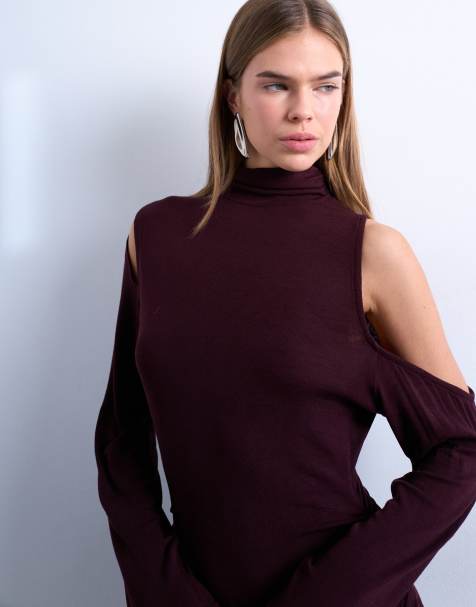 Topshop high neck open shoulder long sleeve top in burgundy - view 1