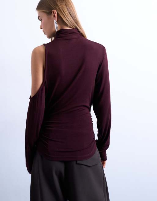 Topshop high neck open shoulder long sleeve top in burgundy, 4 of 4