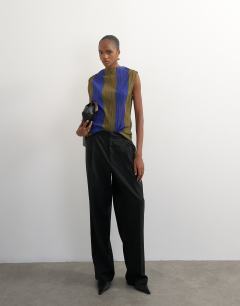 Model wearing High neck plisse sleeveless top in stripe